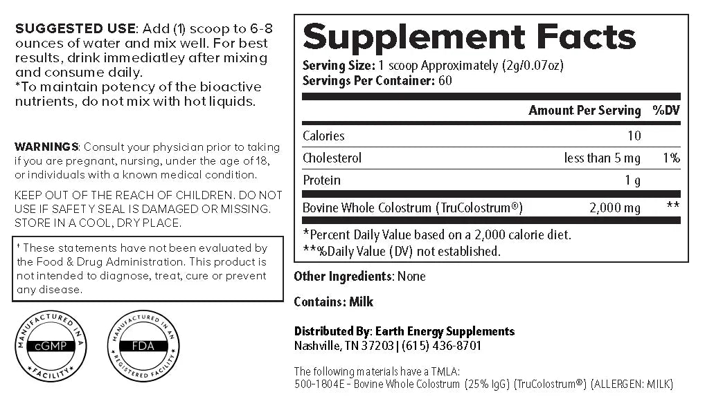 Colostrum Supplement Facts - Earth Energy