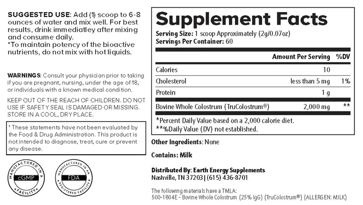Colostrum Supplement Facts - Earth Energy