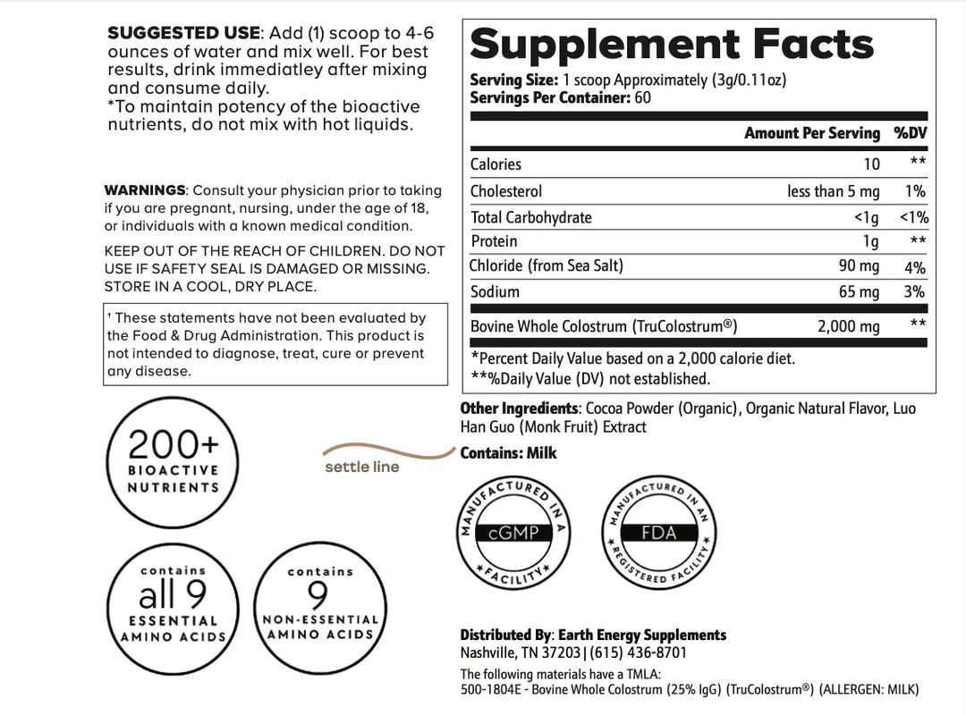 Chocolate Colostrum Supplement Facts - Earth Energy